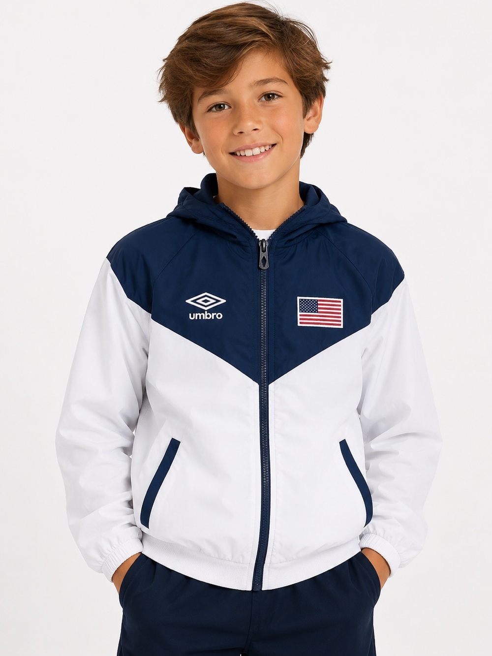 Umbro Youth USA Colorblock Windbreaker Full Zip Jacket S 6/7 White Blue